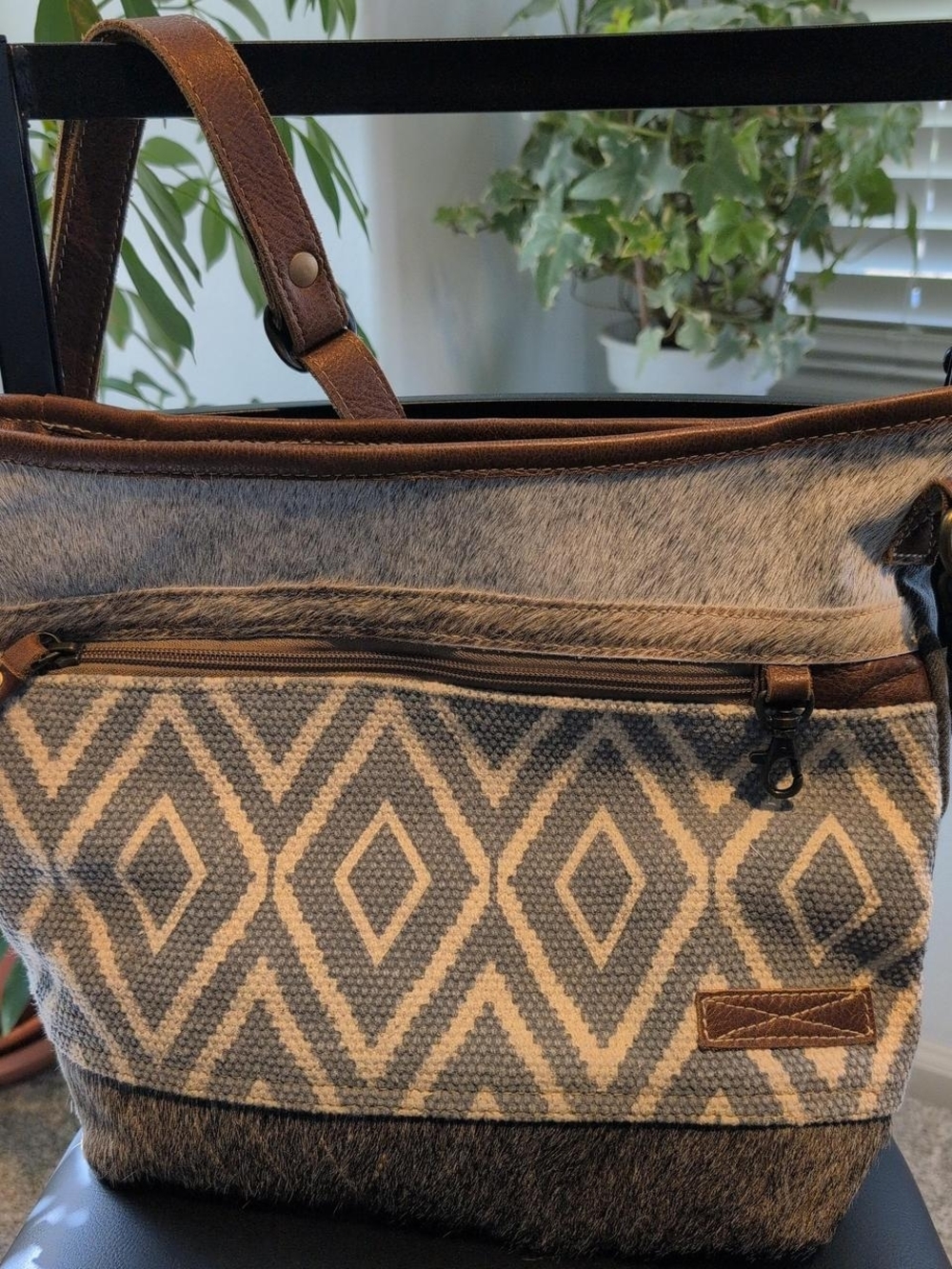 Myra bag canvas, fur and leather.  Brown, blue and tan canvas tote bag #boho